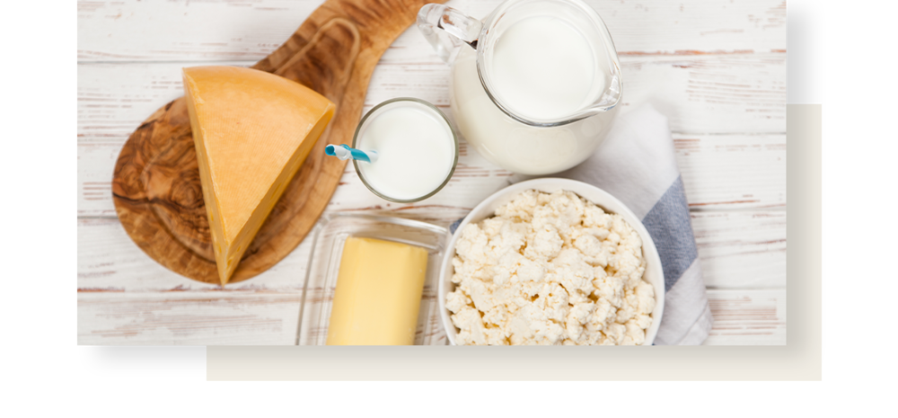 Млечни продукти върху бяла дървена маса: сирене върху дъска, масло, мляко в чаша и кана, извара в купа.